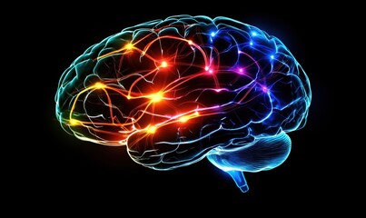 Poster - Neon brain illustration with glowing neural connections, vibrant colors, intricate details, black background