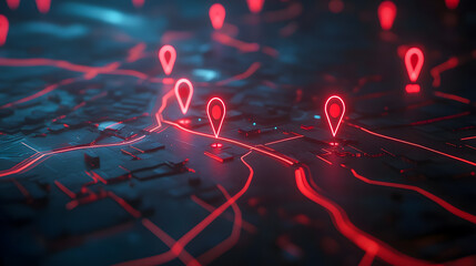 Poster - Futuristic Map Visualization with Digital Red Markers Representing Locations and Pathways in a High-Tech Urban Environment