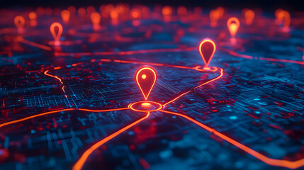 Poster - Futuristic Digital Map with Neon Location Pins and Network Connections against a Dark Background for Technology and Navigation Concepts