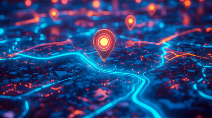 Poster - Futuristic cityscape with glowing location markers and neon lights at night, showcasing modern technology and digital navigation concepts