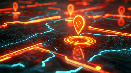Poster - Neon Map Network with Location Pins Highlighting Key Areas in a Digital City Landscape for Geolocation and Navigation Concepts
