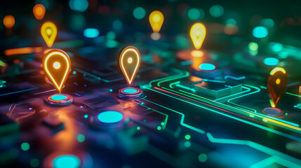 Poster - Colorful Abstract Representation of Digital Network with Location Pins and Circuitry Patterns Illuminated by Neon Lights