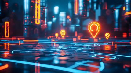 Poster - Futuristic cityscape with glowing neon markers and digital pathways showcasing advanced technology and urban design in a vibrant cyberpunk environment