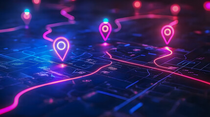 Poster - Vibrant Futuristic City Map with Neon Location Markers Highlighting Urban Pathways and Digital Connectivity in a Nighttime Setting