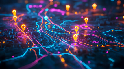 Poster - Colorful Map Navigation Concept with Location Pins and Neon Lights Showing Cityscape and Street Network for Urban Exploration and Travel Planning