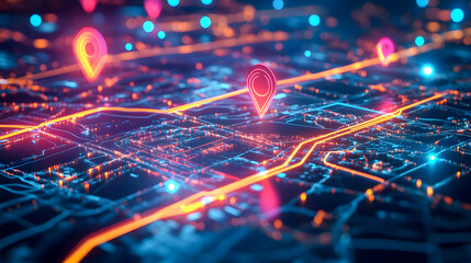 Poster - Futuristic Digital Map Display with Colorful Location Pins and Bright Neon Lines Illustrating Connectivity and Navigation in Urban Environment