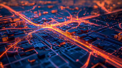 Poster - Abstract urban cityscape with illuminated roadways at night showcasing vibrant light patterns in a digital 3D rendering of a metropolitan environment
