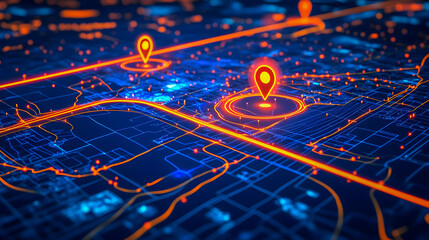 Poster - Futuristic City Map with Navigation Points and Location Markers in a Neon Style Highlighting Routes and Pathways for Modern Urban Exploration