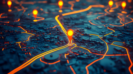 Poster - Futuristic City Map Visualization with Navigation Pins and Light Trails in Neon Style, Showcasing Urban Landscape and Pathways for Geolocation