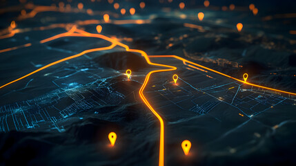 Poster - Futuristic 3D Map Visualization with Glowing Pathways and Location Markers for Navigation Technology Concepts