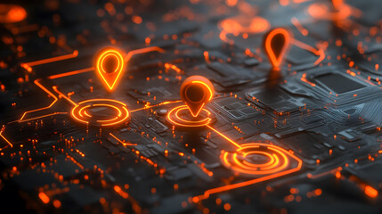 Poster - Abstract representation of digital technology with glowing circuit patterns and location markers on a dark background
