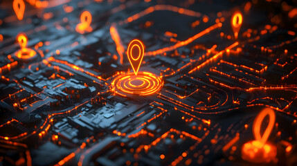 Poster - Abstract Digital Map with Glowing Location Markers in Orange and Dark Background for Technology and Navigation Themes