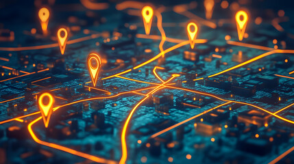 Poster - Digital Map with Pinpoints and Illuminated Pathways, Abstract Representation of Navigation, Location Tracking, and Geospatial Technology Concepts