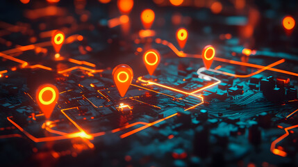 Poster - Futuristic Digital Map with Illuminated Location Pins on a High-Tech Urban Landscape at Night