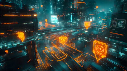Poster - Futuristic Cityscape with Neon Lights and Digital Interfaces in a High-Tech Urban Environment at Night