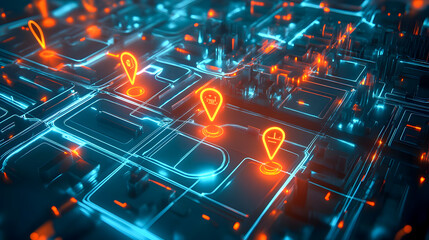 Poster - Futuristic City Map with Navigation Pins in Neon Colors Representing Modern Technology and Connectivity in Urban Planning and Smart Cities
