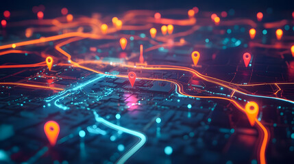Poster - Modern Urban Map with Colorful Pin Icons, Bright Neon Lines and Illuminated Pathways, Technology and Navigation Concept