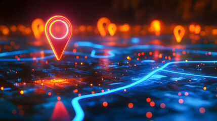 Poster - Neon Map Markers with Glowing Pointer Icons on Digital Cityscape Background for Location-Based Services and Navigation Technology