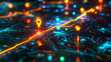 Poster - Digital Map with Glowing Location Pins and Interconnected Routes Highlighting Navigation and Travel Concepts in a Futuristic Landscape