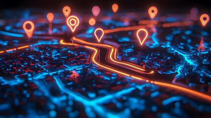 Poster - Neon City Map with Bright Location Pins in Dark Background, Illuminated Roads and Urban Landscape, Futuristic City Navigation Concept
