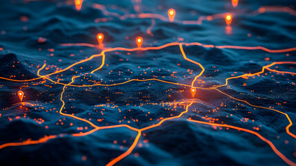 Poster - 3D Digital Map with Glowing Location Pins and Network Connections, Abstract Concept of Navigation and Geolocation Technology