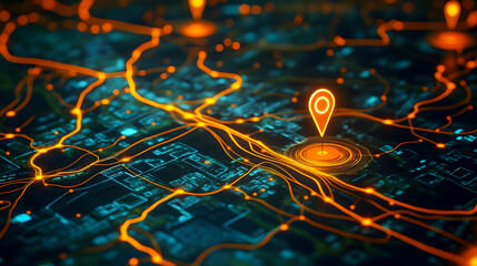 Poster - Futuristic Digital Map with Location Markers and Network Connections in Orange Glowing Style for Navigation and Technology Themes