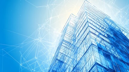 Poster - A futuristic glass building with a digital network overlay.