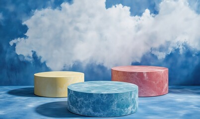 Poster - Colorful circular platforms against blue sky with clouds, three distinct colors: yellow, blue, pink, smooth textures, artistic display