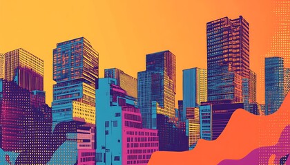 Poster - A vibrant city skyline illustration with abstract shapes and colorful gradients.