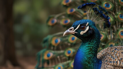 Close-up of a peacock's head and neck, showcasing vibrant iridescent blue and green feathers against a blurred background of its tail feathers.