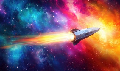 Poster - Rocket launching through colorful galaxy, vibrant cosmic background, bright flames, and stars