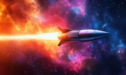 Poster - Rocket soaring through vibrant cosmic space, flames trailing, colorful nebulae in background, showcasing advanced technology and exploration.