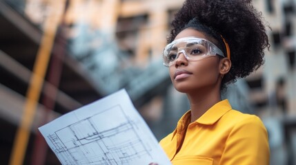 Poster - beautiful female engineer with blueprints, planning an innovative project