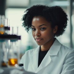 Poster - Black female engineer in lab coat, conducting experiments and research 