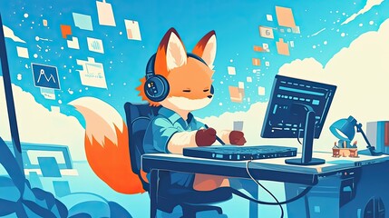 Poster - A Fox Uses a Computer While Wearing Headphones