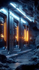 Poster - a captivating image depicting a futuristic sci fi inspired underground tunnel or transportation stat