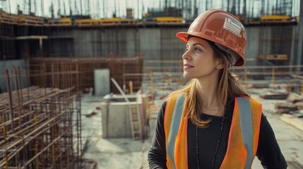 Poster - Female engineer on a construction site, inspecting progress