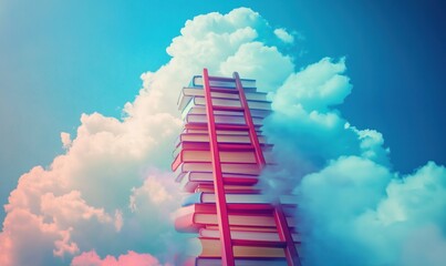 Poster - Books stacked in clouds, symbolizing knowledge and imagination. Colorful books create a tower reaching into blue sky, surrounded by fluffy clouds.