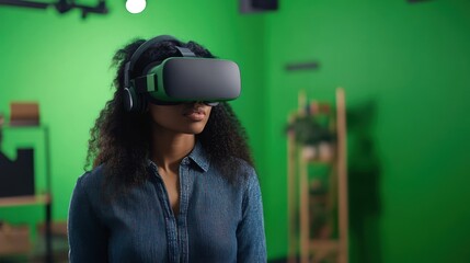 Poster - Female showcasing a green screen phone for virtual reality educational content