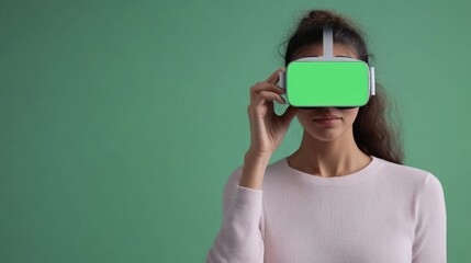 Poster - Female showcasing a green screen phone for virtual reality educational content, clean and isolated