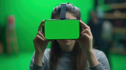 Poster - Female showcasing a green screen phone for virtual reality educational content