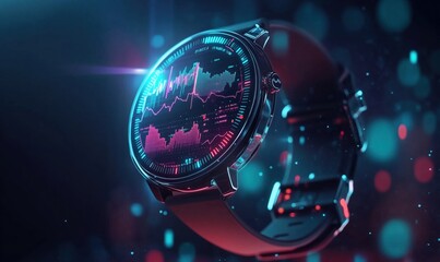 Poster - Futuristic smartwatch with digital display, sleek design, vibrant colors, showcasing data visualization and technology aesthetics
