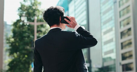 Poster - City, phone call and business man with chat, discussion and salaryman on morning commute from back. Urban, street and Japanese businessman with smartphone for communication, networking or connection