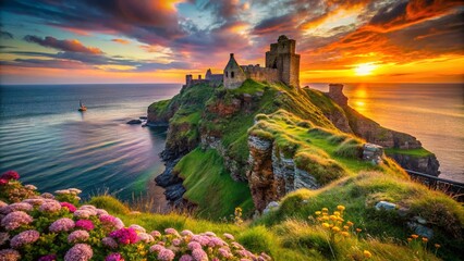 Wall Mural - Majestic Ancient Castle on a Cliff Overlooking the Sea at Sunset - A Breathtaking View Captured in Macro Photography