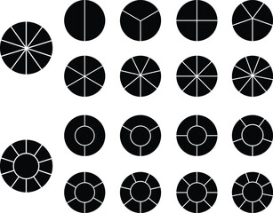 Poster - Pie chart infographic flat icons set. Circle diagram with section or parts. Segmented circle vectors for infographic, data analysis, web designs or presentation isolated on transparent background.