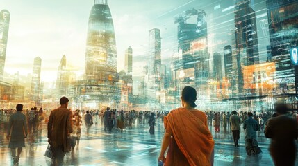 Poster - indian people featured in futuristic urban settings with smart city infrastructure, emphasizing tech