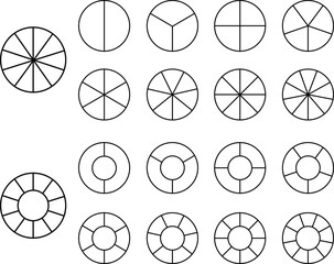 Poster - Pie chart infographic linear icons set. Circle diagram with section or parts. Segmented circle vectors for infographic, data analysis, web designs or presentation isolated on transparent background.