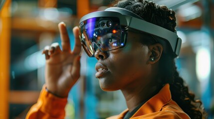 Poster - Black female engineer in augmented reality development, creating immersive tech experiences telephoto lens summer daylight cool color