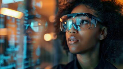 Poster - Black female engineer in augmented reality development, creating immersive tech experiences telephoto lens summer daylight cool color
