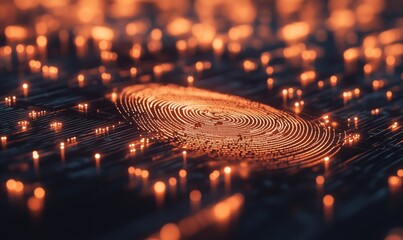Poster - Digital fingerprint pattern glowing on circuit board, intricate design, vibrant orange lights, technology concept